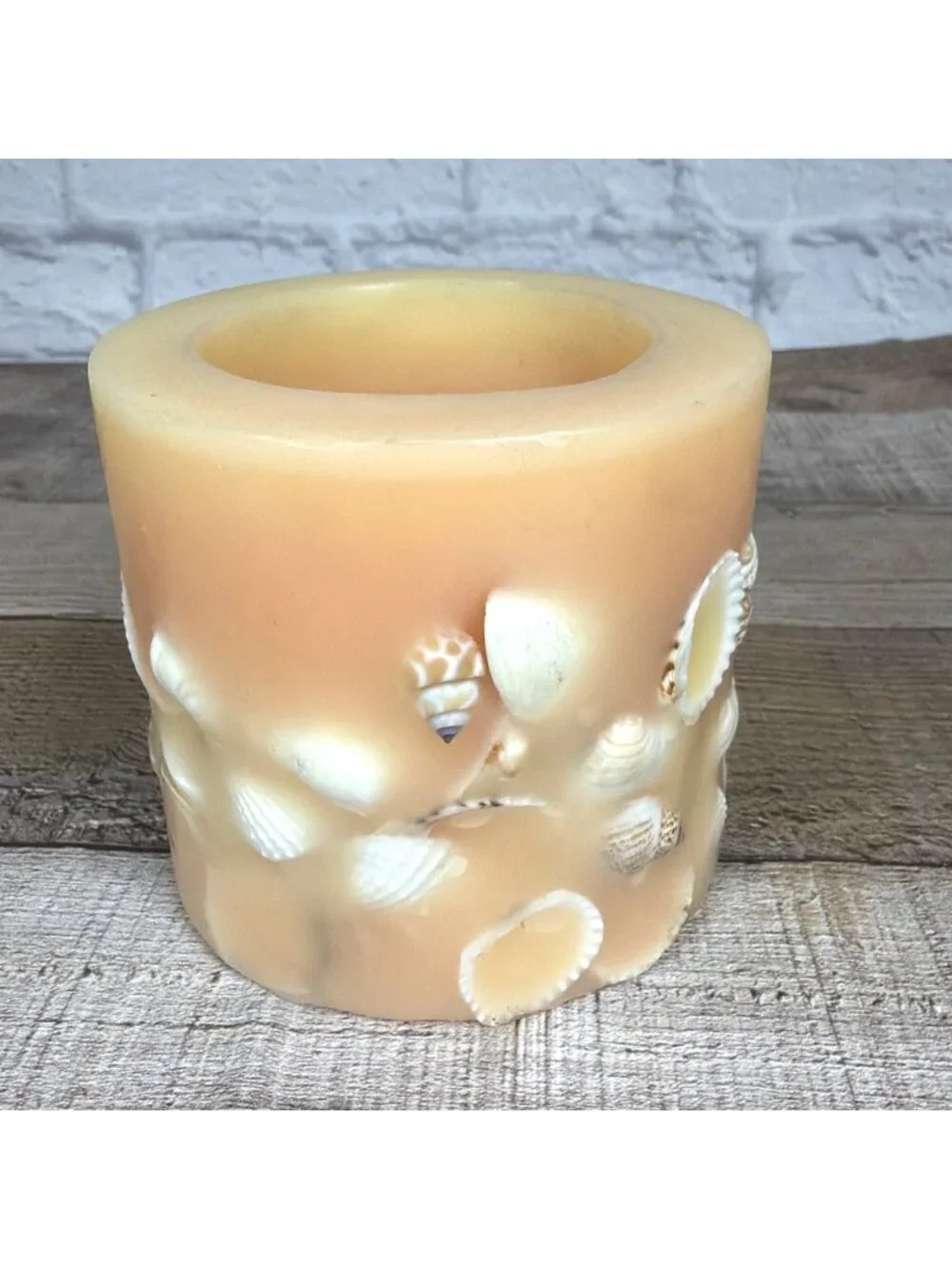 VTG Sea Shell Peach White Lantern Pillar Candle Florida Beach Nautical Coastal